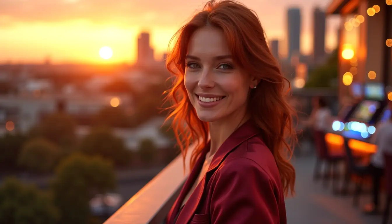 Smiling redhead woman in Adelaide terrace scene with casino lounge ambience