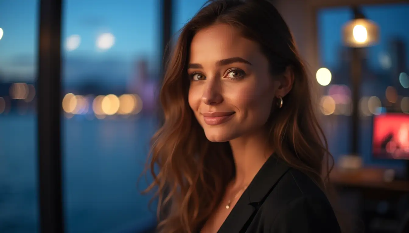 Smiling woman in Sydney harbour apartment with N1 Casino style browser lobby ambience